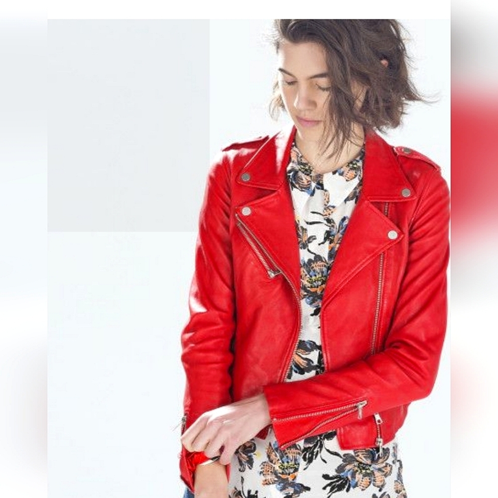 ZARA TRAFALUC Red Moto faux leather jacket. Size XL